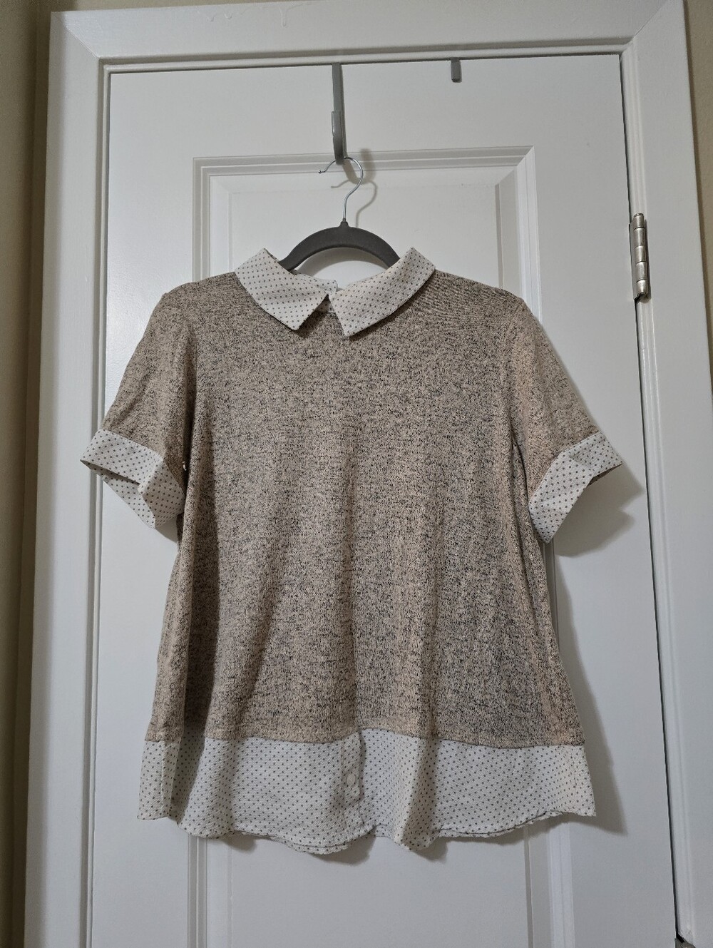 Beige Polka Dot Contrast Collar Top